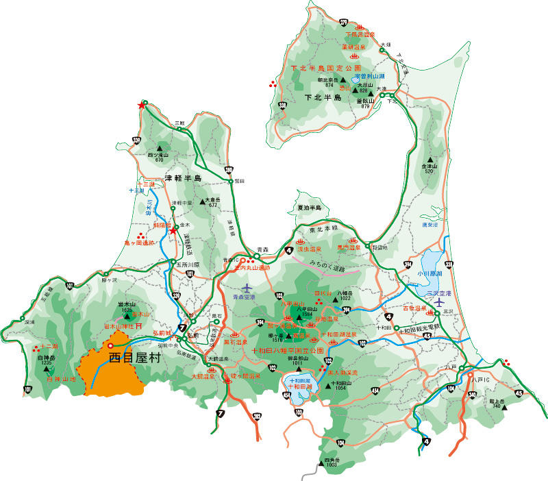 西目屋村が強調されている青森県の地名や道路が示された地図