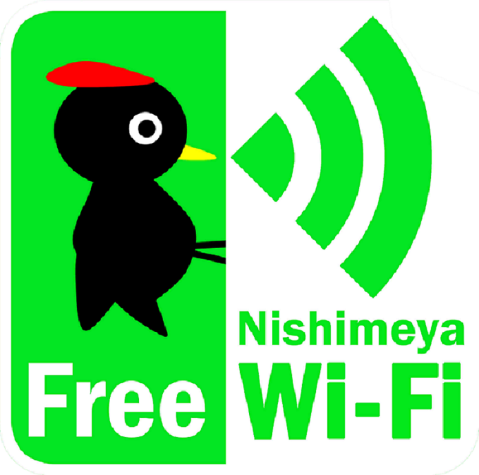 黄緑の背景に黒い体に赤い鶏冠のキツツキのイラストと電波マークに「Nishimeya Free Wi-Fi(ワイファイ)」と書かれたアイコンマーク